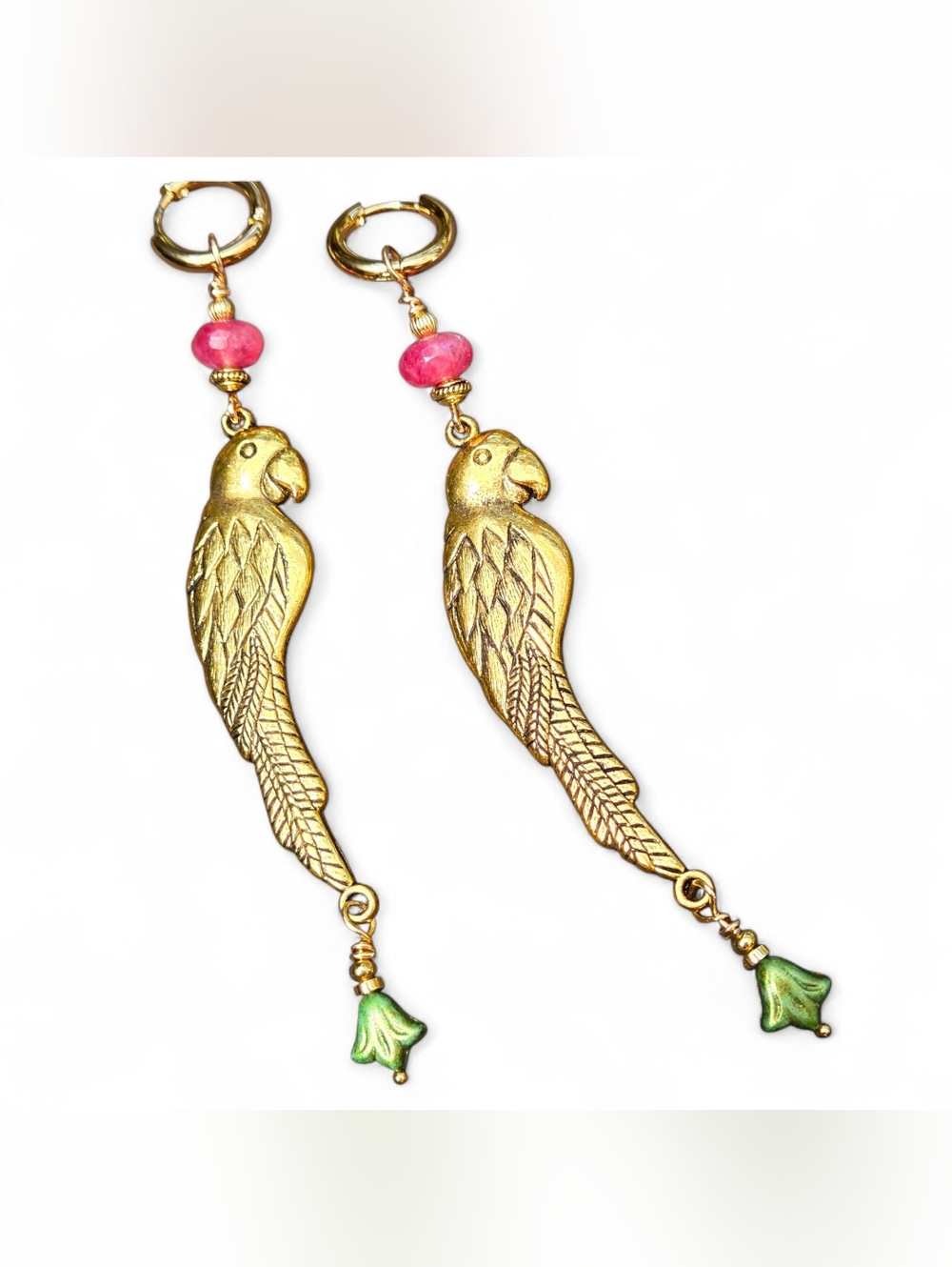 Farm Rio Style Parrot Bird Long Dangle Gold Earrings Handmade Tropical Flower